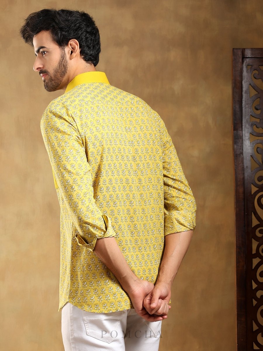 MOHEY YELLOW COTTON HAND BLOCK SHIRT - Pomcha Jaipur