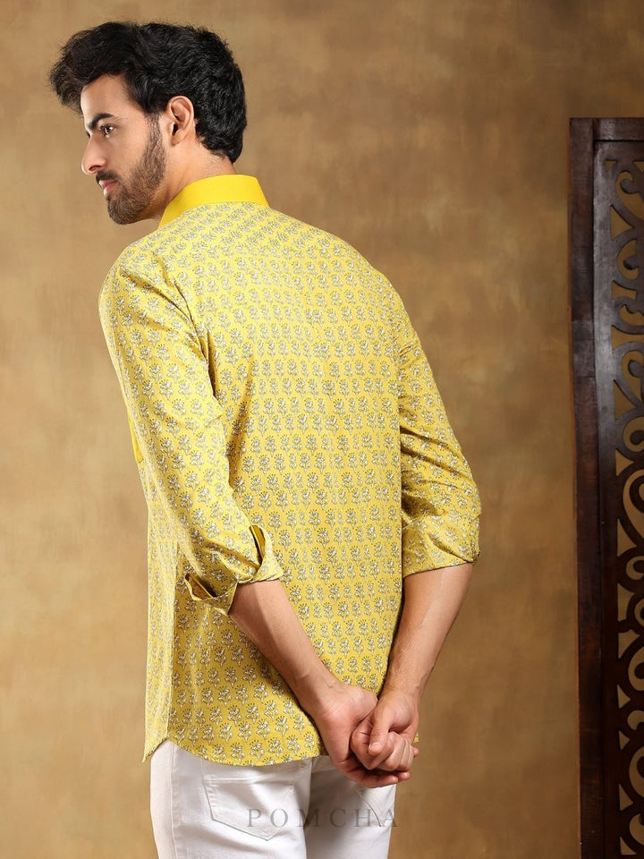 MOHEY YELLOW COTTON HAND BLOCK SHIRT - Pomcha Jaipur