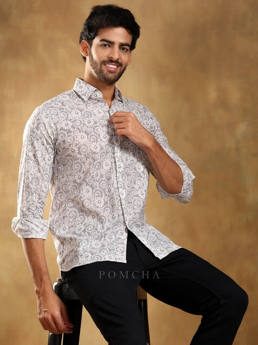 MOKSHA GREY COTTON HAND BLOCK SHIRT - Pomcha Jaipur