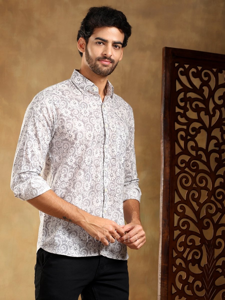 MOKSHA GREY COTTON HAND BLOCK SHIRT - Pomcha Jaipur