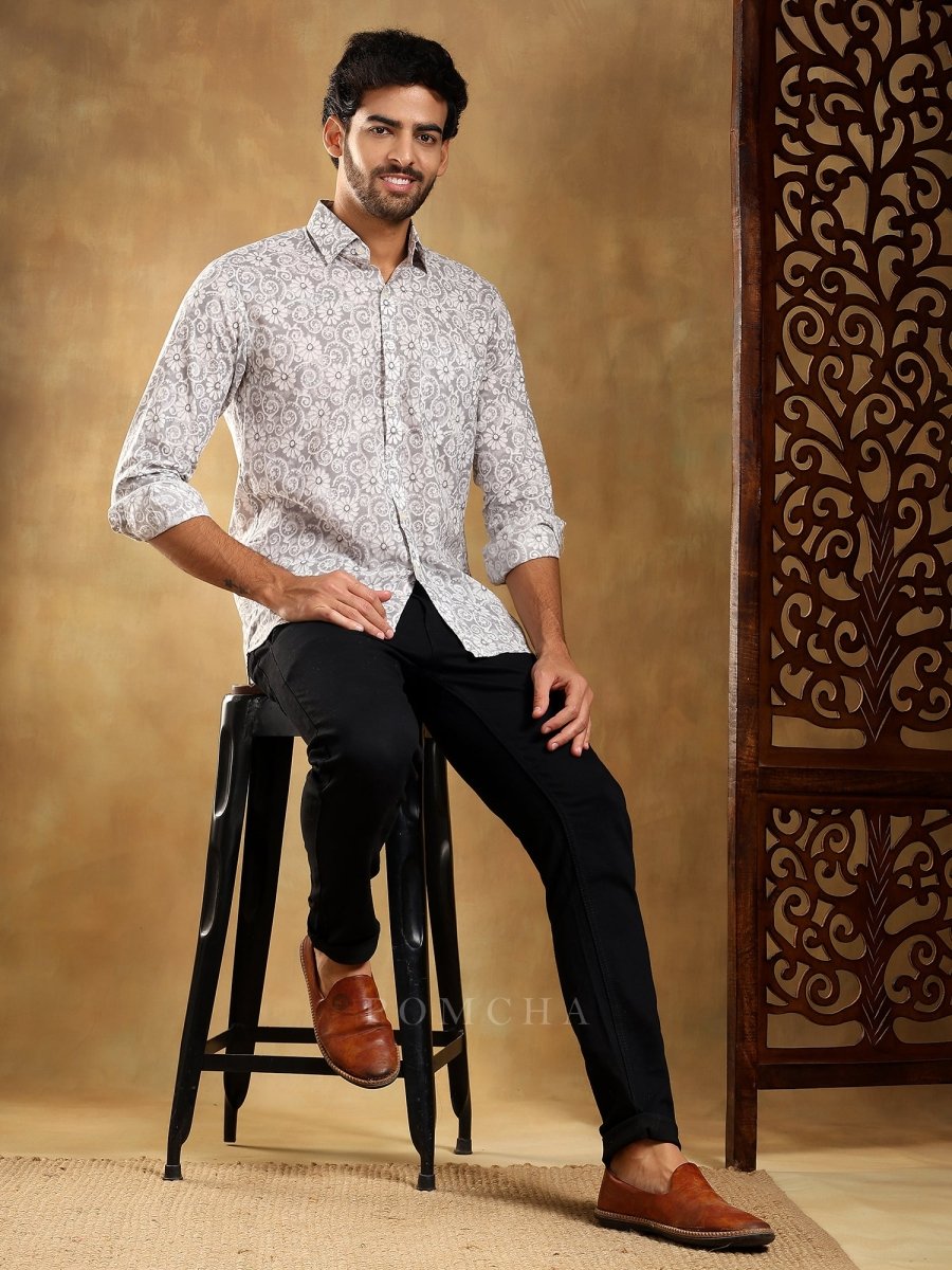MOKSHA GREY COTTON HAND BLOCK SHIRT - Pomcha Jaipur