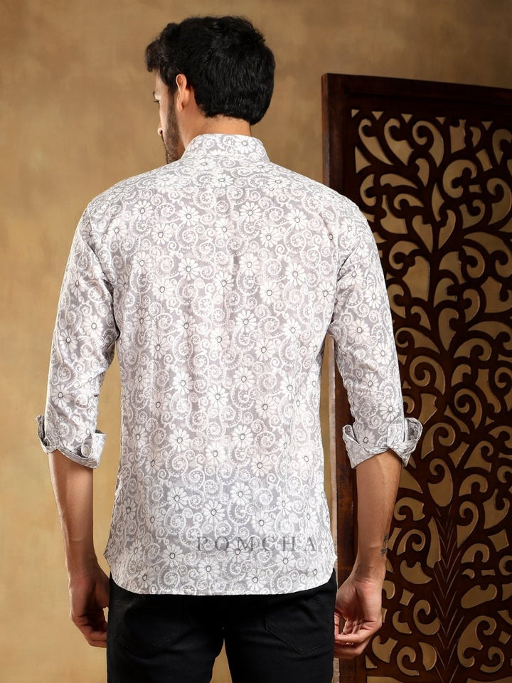 MOKSHA GREY COTTON HAND BLOCK SHIRT - Pomcha Jaipur