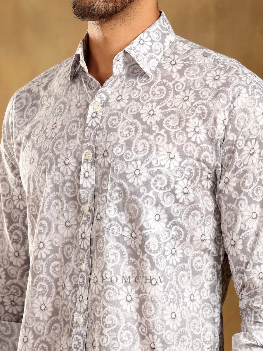 MOKSHA GREY COTTON HAND BLOCK SHIRT - Pomcha Jaipur