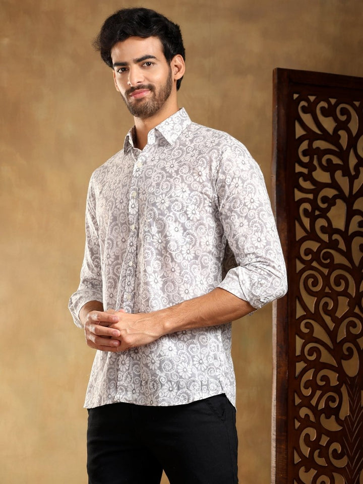 MOKSHA GREY COTTON HAND BLOCK SHIRT - Pomcha Jaipur