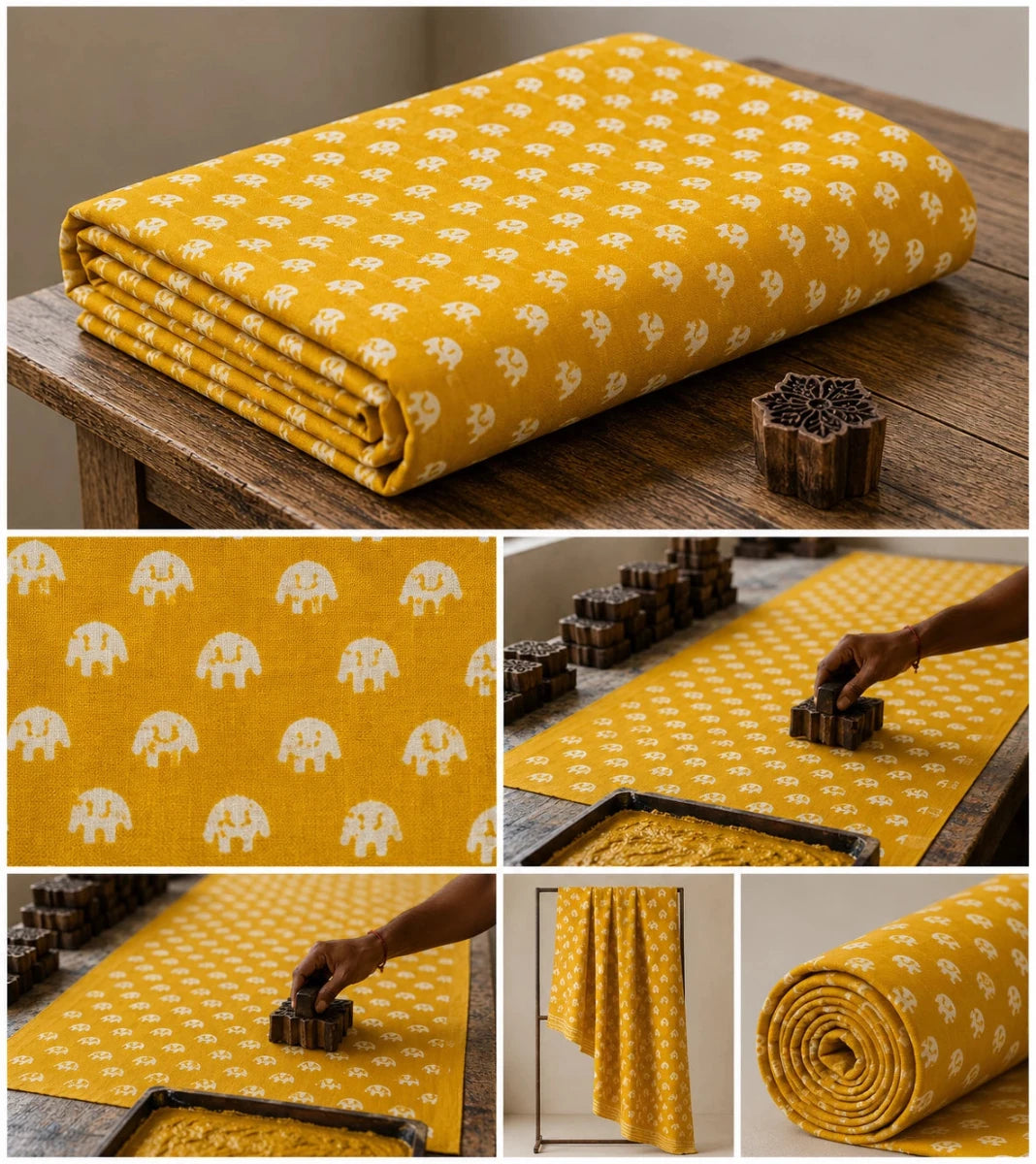 MUSTARD YELLOW ELEPHANT BUTI HAND BLOCK PRINT COTTON FABRIC - Pomcha Jaipur