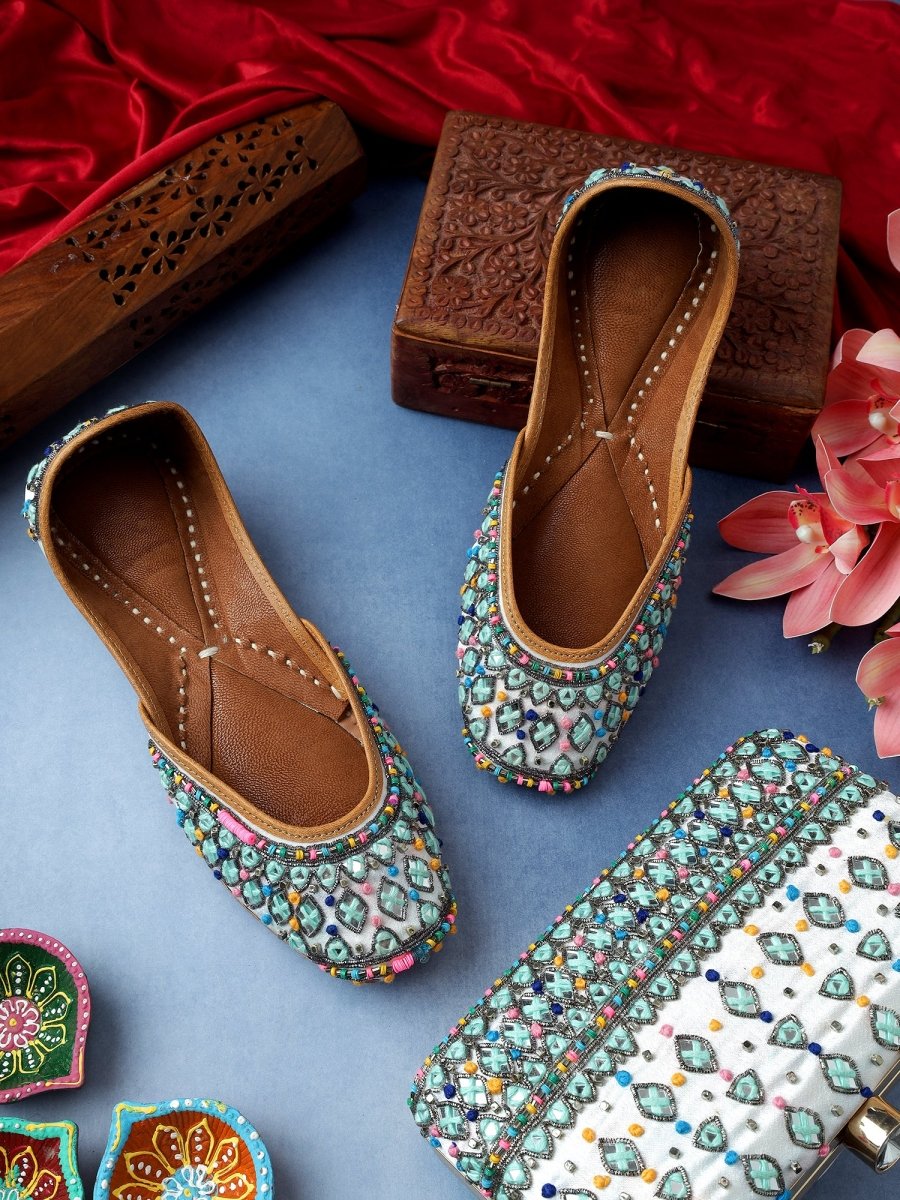 NADIA WHITE PASTEL BLUE JUTTI CLUTCH COMBO - Pomcha Jaipur