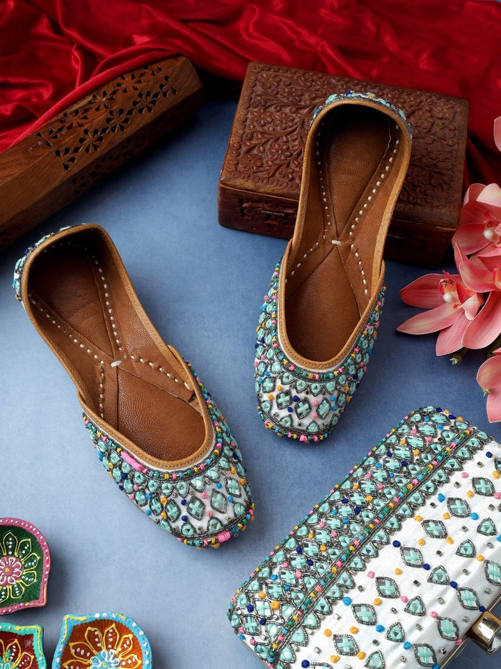 NADIA WHITE PASTEL BLUE JUTTI CLUTCH COMBO - Pomcha Jaipur