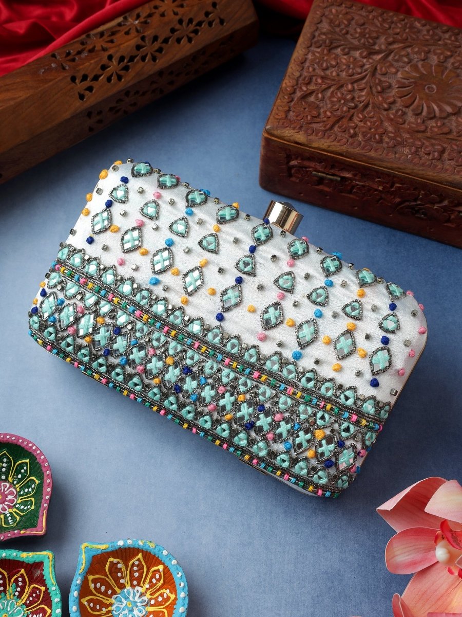 NADIA WHITE PASTEL BLUE JUTTI CLUTCH COMBO - Pomcha Jaipur