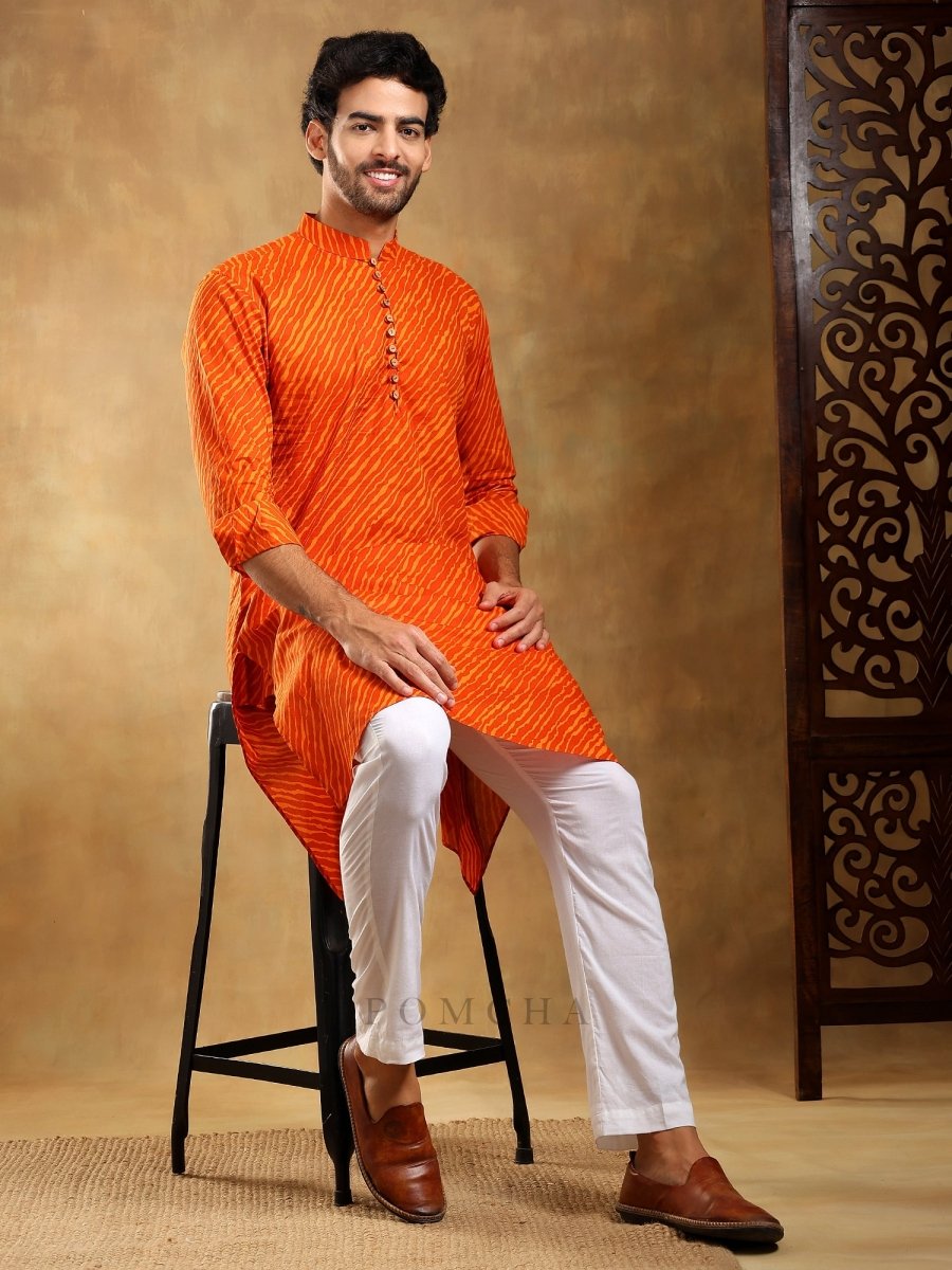 NAVRANG ORANGE COTTON LEHERIYA KURTA SET - Pomcha Jaipur