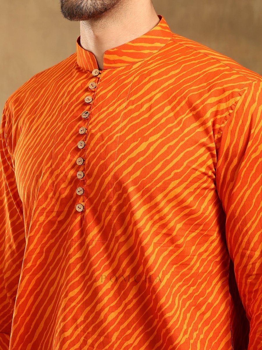 NAVRANG ORANGE COTTON LEHERIYA KURTA SET - Pomcha Jaipur