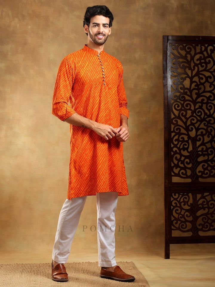 NAVRANG ORANGE COTTON LEHERIYA KURTA SET - Pomcha Jaipur
