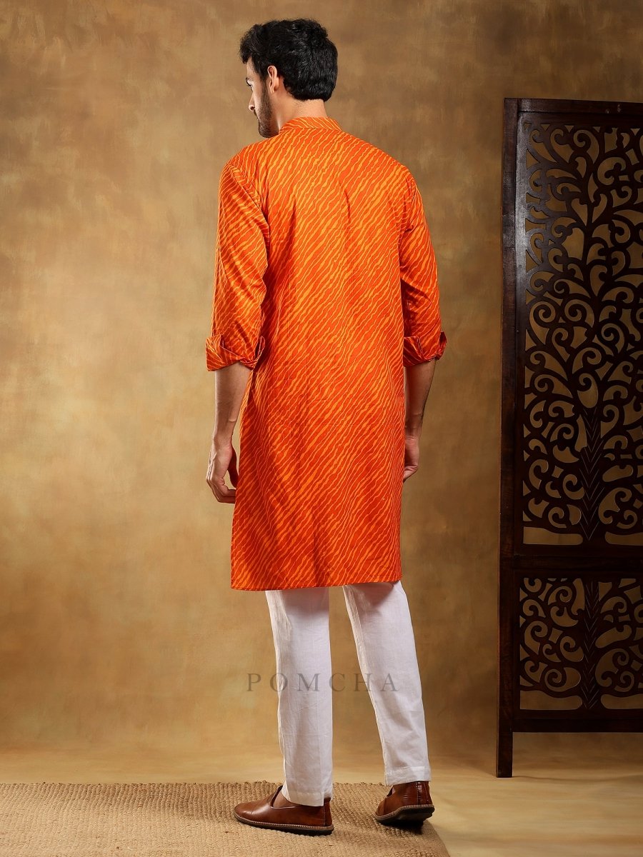 NAVRANG ORANGE COTTON LEHERIYA KURTA SET - Pomcha Jaipur