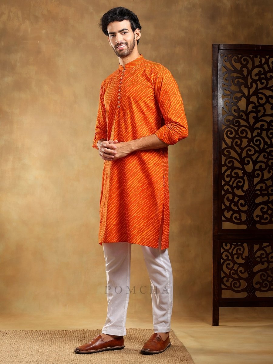 NAVRANG ORANGE COTTON LEHERIYA KURTA SET - Pomcha Jaipur