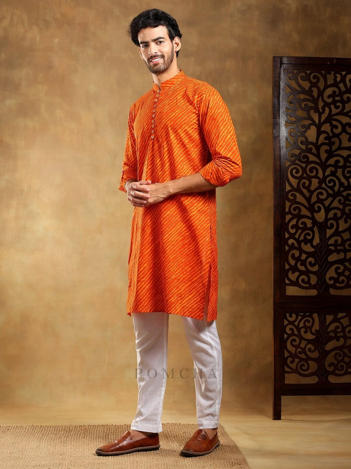 NAVRANG ORANGE COTTON LEHERIYA KURTA SET - Pomcha Jaipur