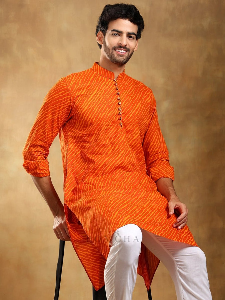 NAVRANG ORANGE COTTON LEHERIYA KURTA SET - Pomcha Jaipur