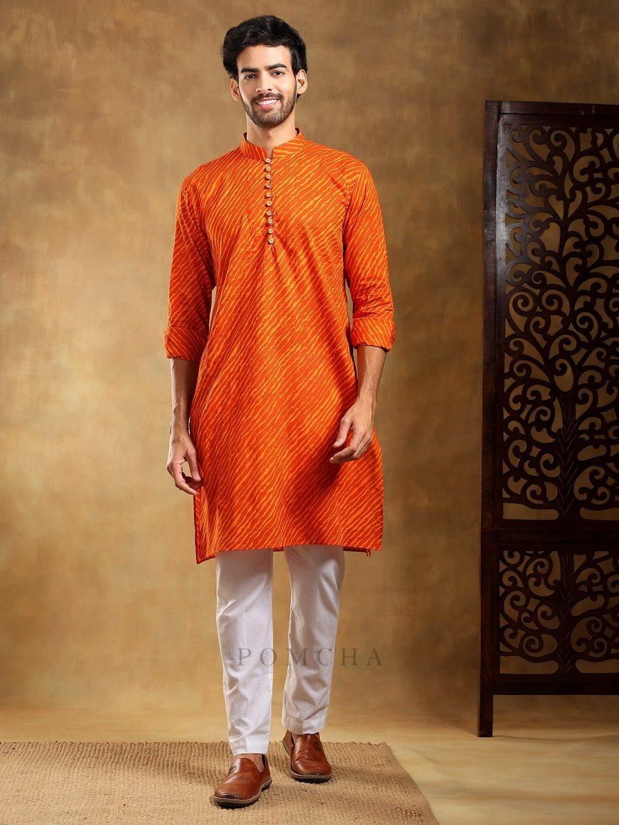 NAVRANG ORANGE COTTON LEHERIYA KURTA SET - Pomcha Jaipur
