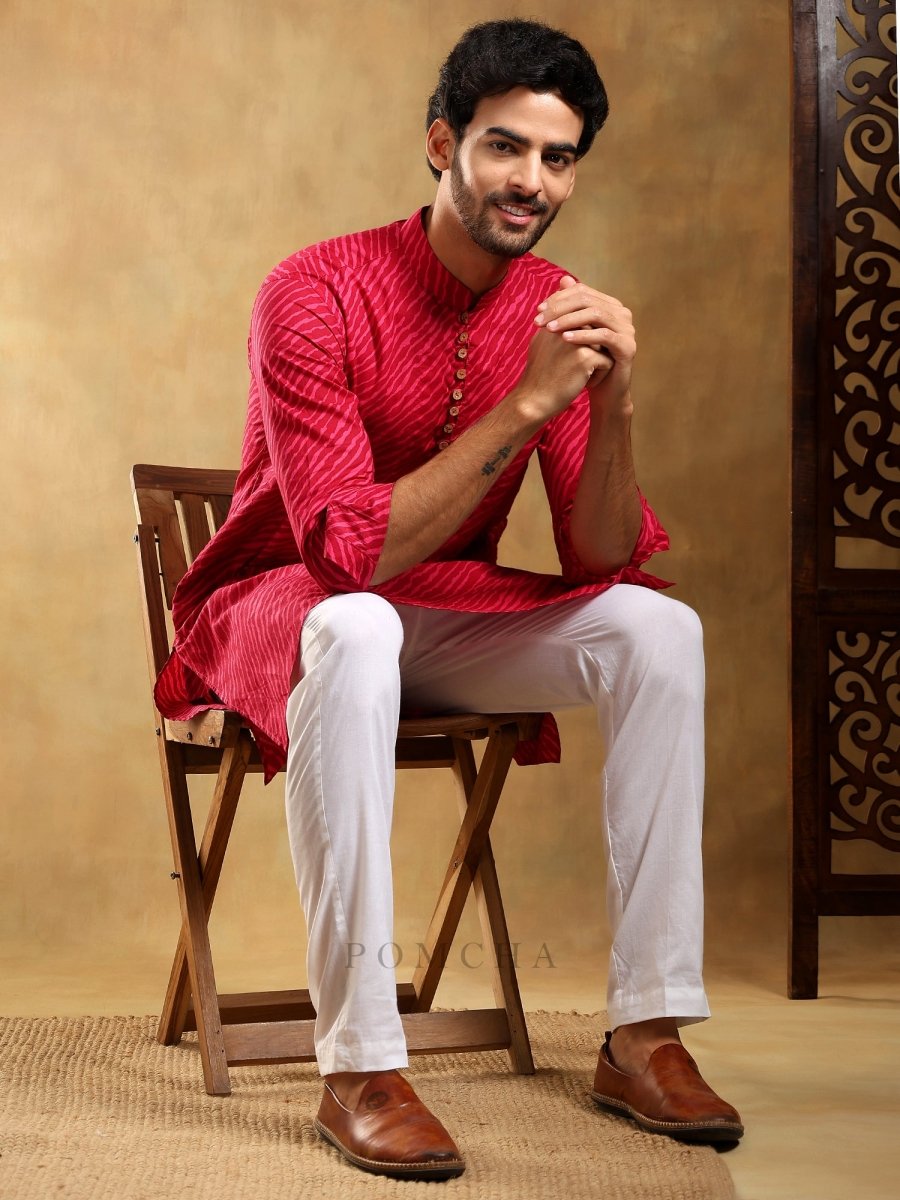 NAVRANG PINK COTTON LEHERIYA KURTA SET - Pomcha Jaipur