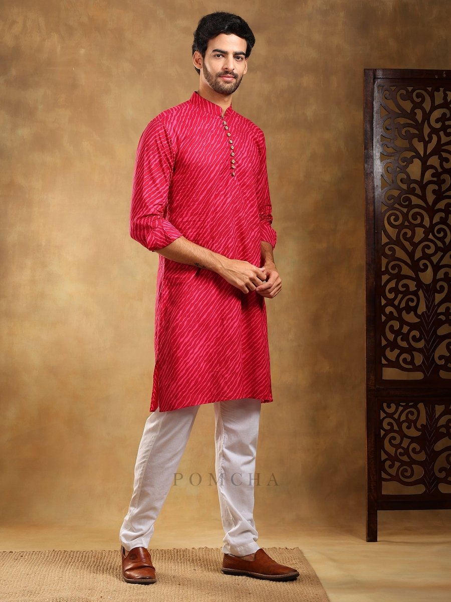NAVRANG PINK COTTON LEHERIYA KURTA SET - Pomcha Jaipur