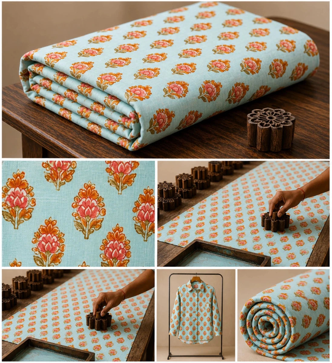 ORANGE PHOOL HAND BLOCK PRINT COTTON FABRIC - Pomcha Jaipur