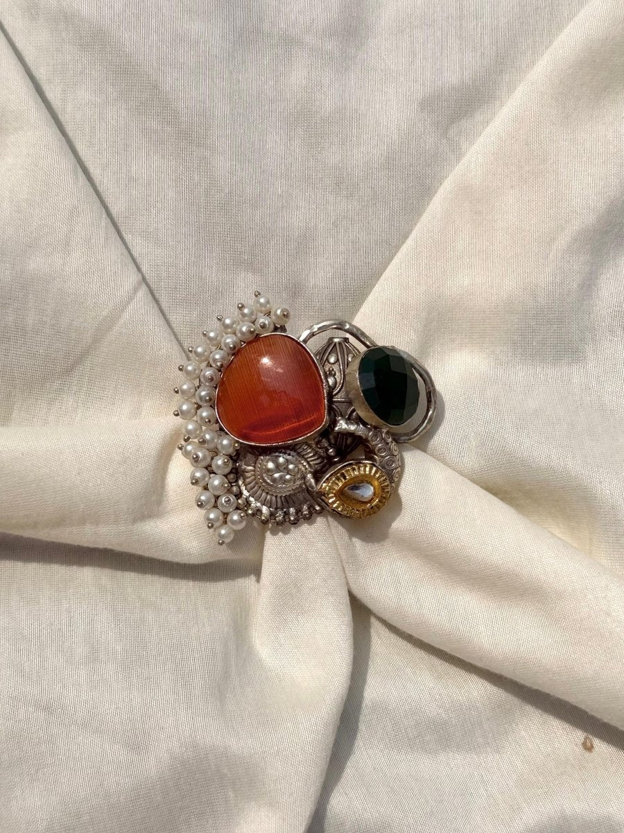 ORANGE STONE PEARL EMBEDDED SILVER OXIDISED RING - Pomcha Jaipur
