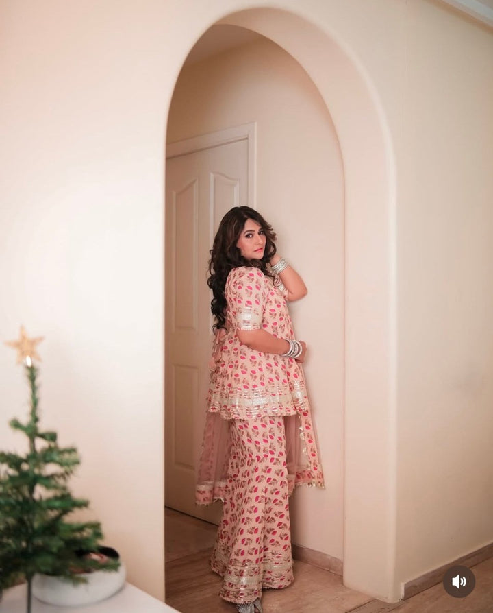 PEACH HAND BLOCK COTTON SHARARA SET WITH SOFT NET DUPATTA - Pomcha Jaipur