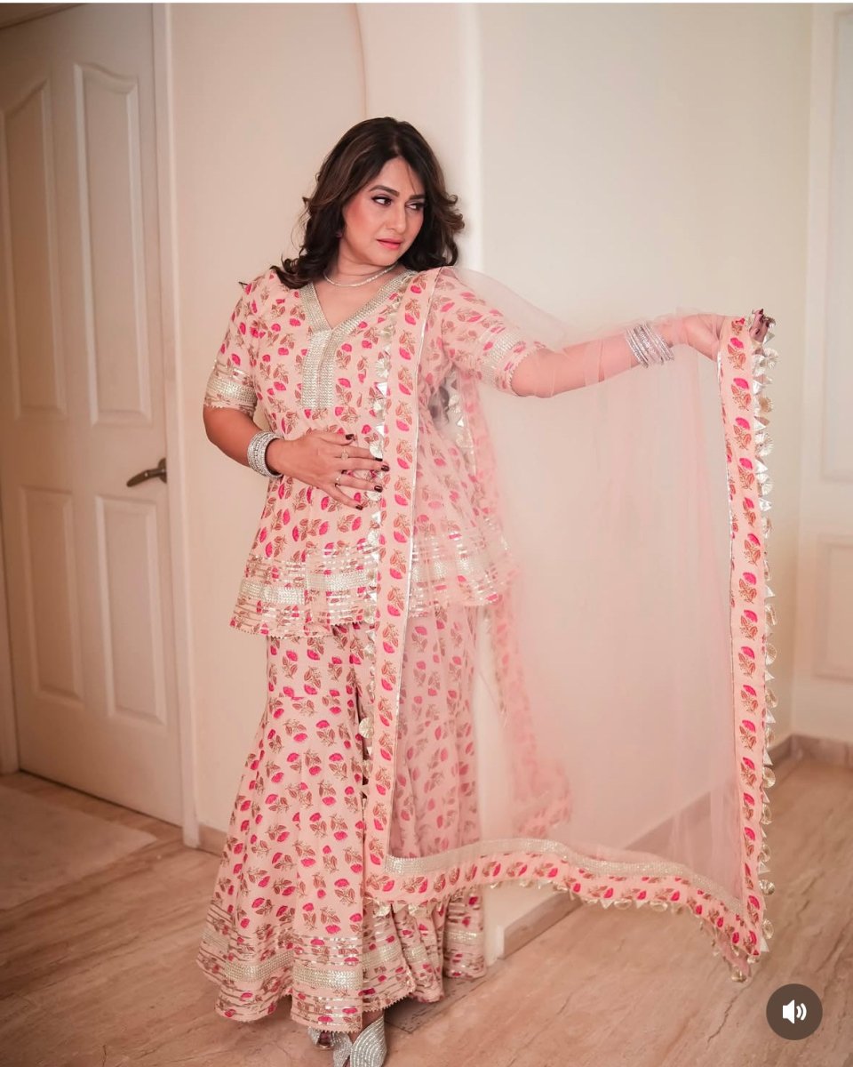 PEACH HAND BLOCK COTTON SHARARA SET WITH SOFT NET DUPATTA - Pomcha Jaipur