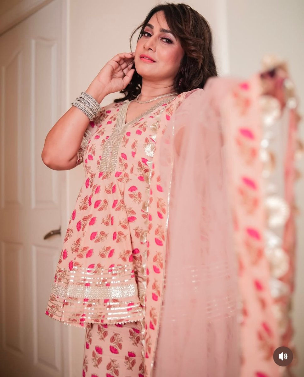 PEACH HAND BLOCK COTTON SHARARA SET WITH SOFT NET DUPATTA - Pomcha Jaipur