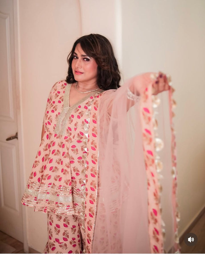 PEACH HAND BLOCK COTTON SHARARA SET WITH SOFT NET DUPATTA - Pomcha Jaipur