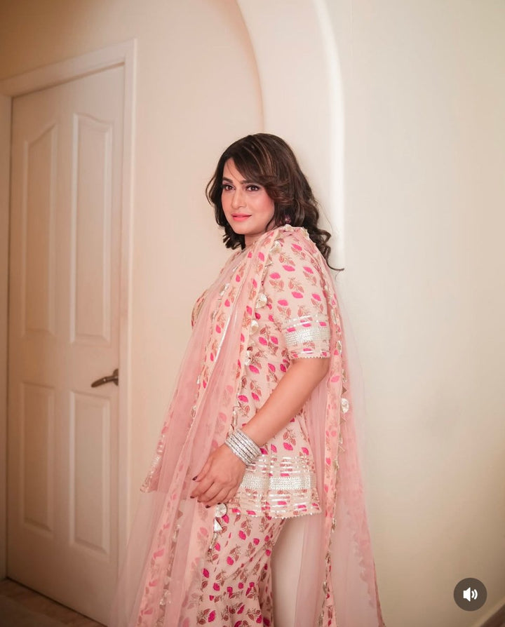 PEACH HAND BLOCK COTTON SHARARA SET WITH SOFT NET DUPATTA - Pomcha Jaipur