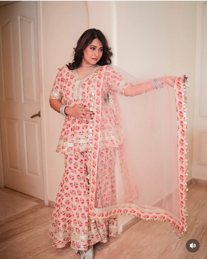 PEACH HAND BLOCK COTTON SHARARA SET WITH SOFT NET DUPATTA - Pomcha Jaipur