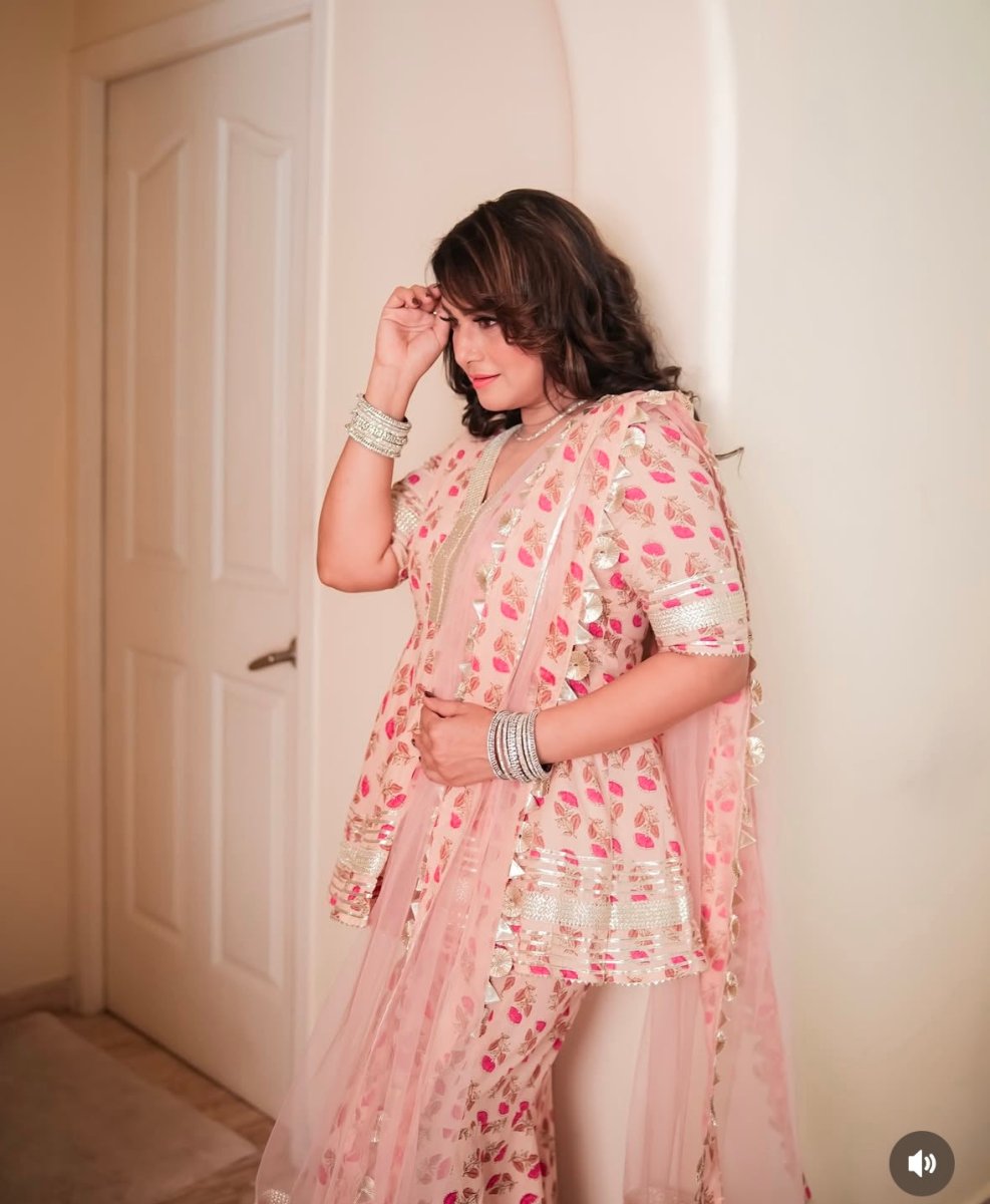 PEACH HAND BLOCK COTTON SHARARA SET WITH SOFT NET DUPATTA - Pomcha Jaipur