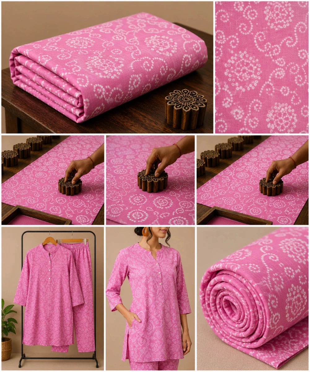 PINK BANDHEJ COTTON FABRIC WITH TRADITIONAL PATTERNS AND SOFT COMFORTABLE - Pomcha Jaipur
