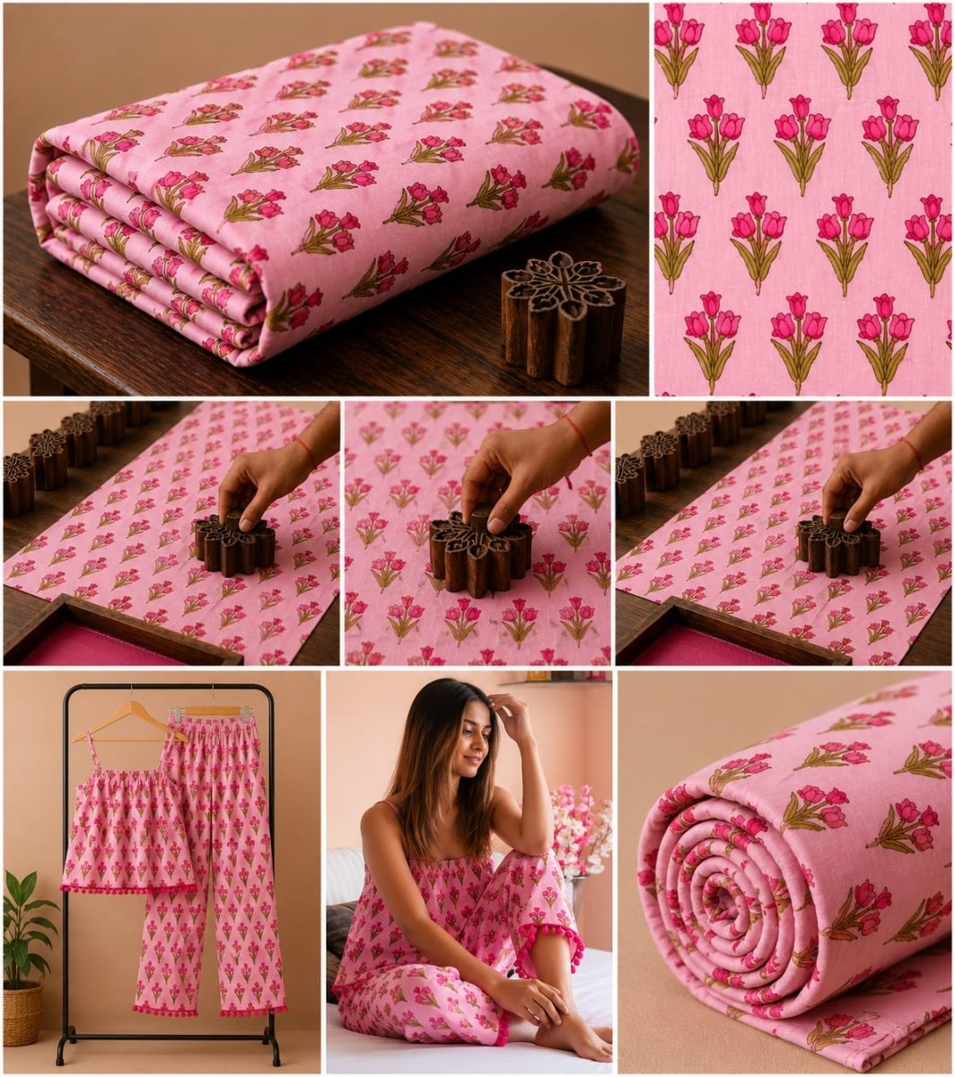 PINK FLORAL HAND BLOCK PURE COTTON FABRIC - Pomcha Jaipur