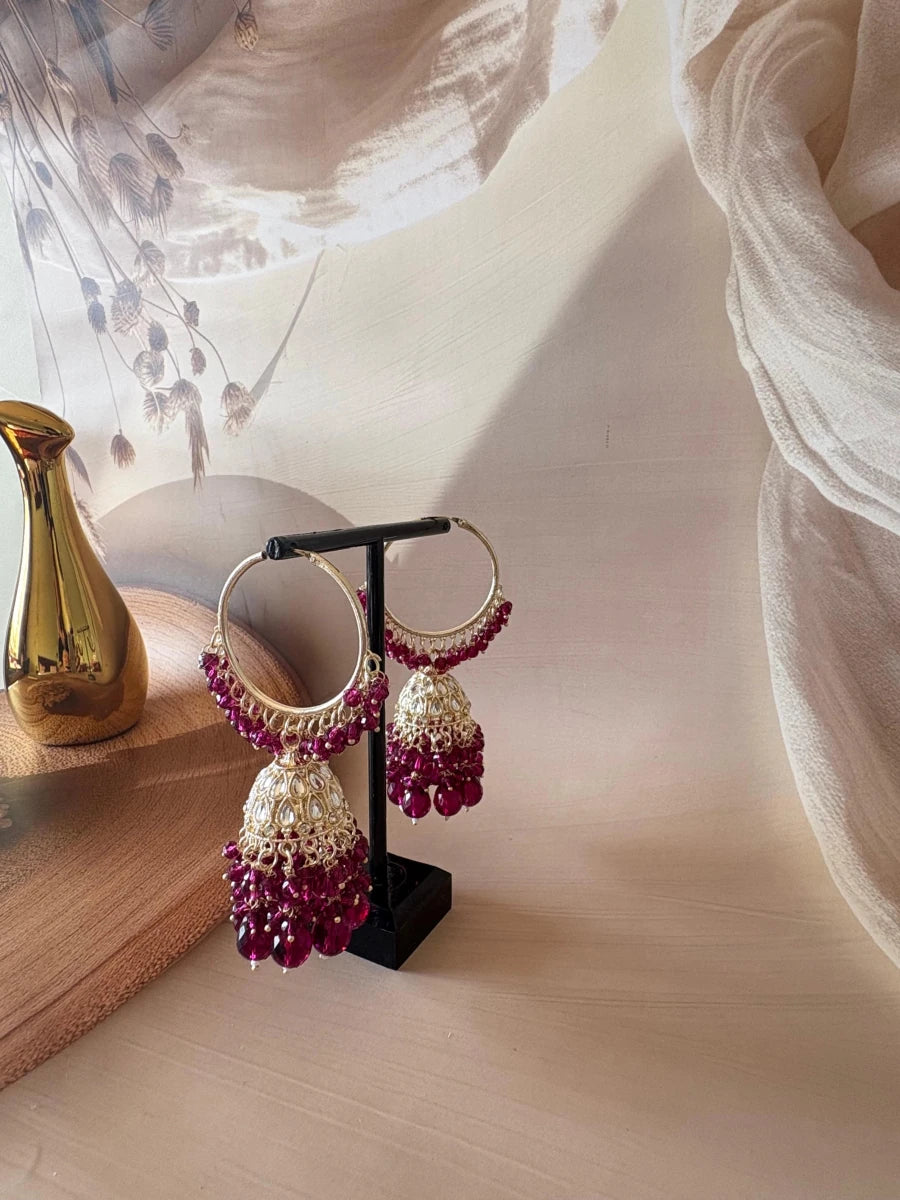 PLUM KUNDAN STUDDED JHUMKA SET - Pomcha Jaipur