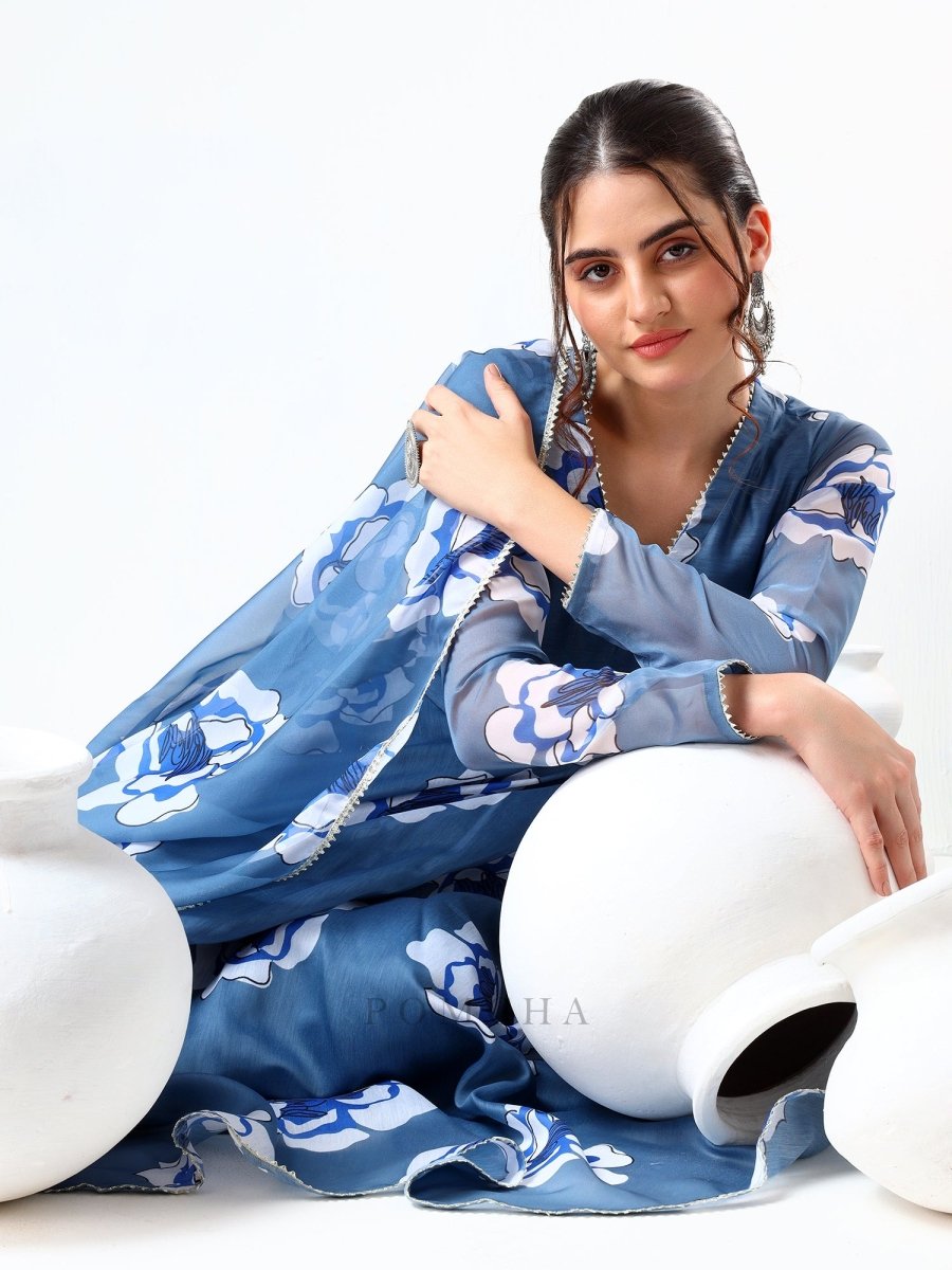POWDER BLUE CARNATION ORGANZA ANARKALI SET - Pomcha Jaipur