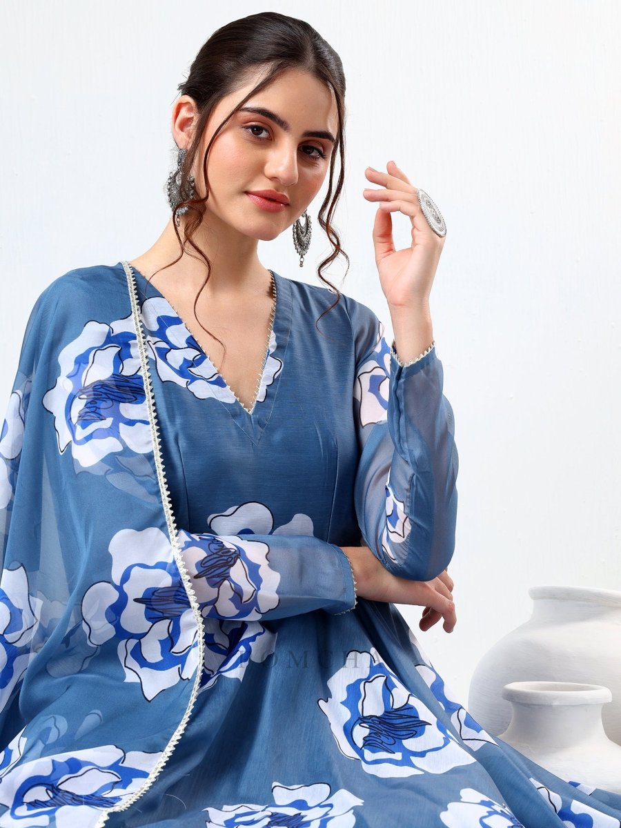 POWDER BLUE CARNATION ORGANZA ANARKALI SET - Pomcha Jaipur