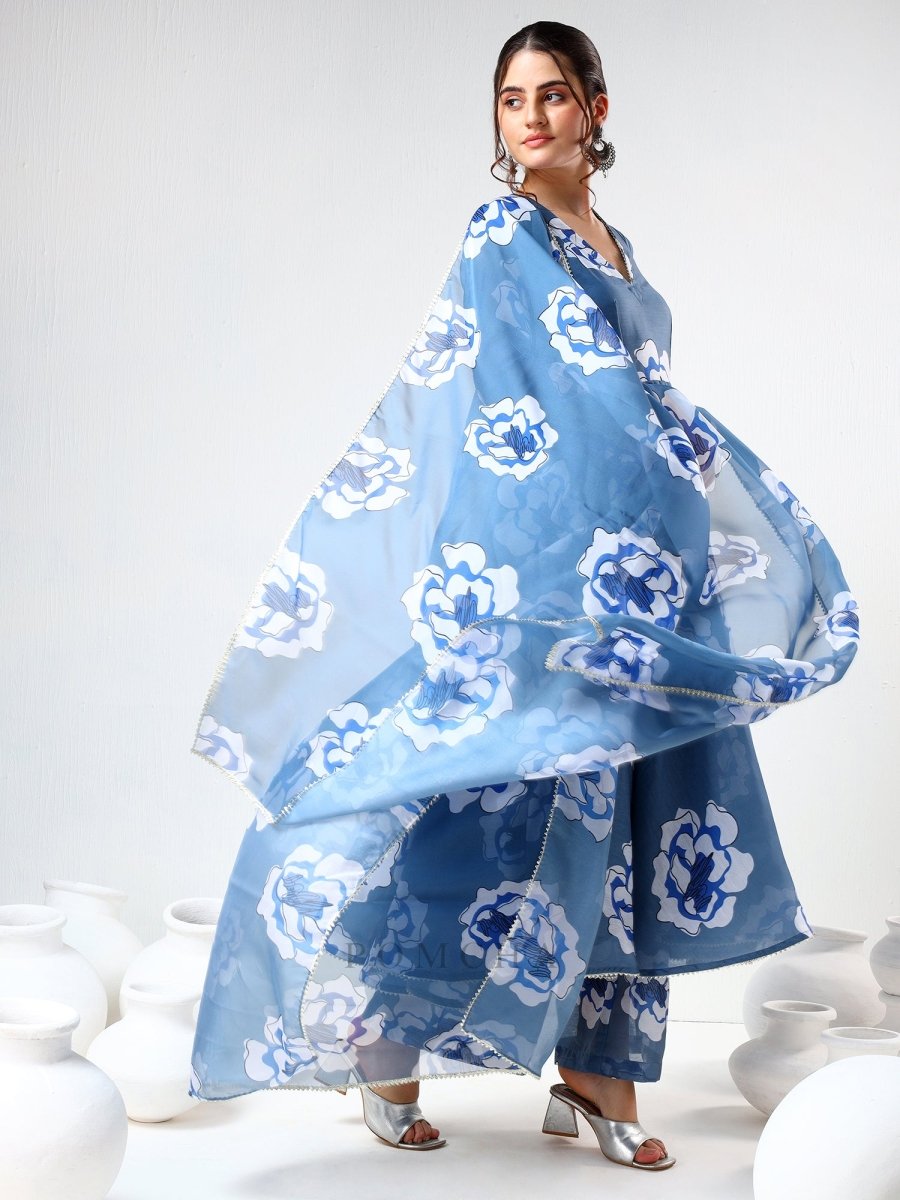 POWDER BLUE CARNATION ORGANZA ANARKALI SET - Pomcha Jaipur