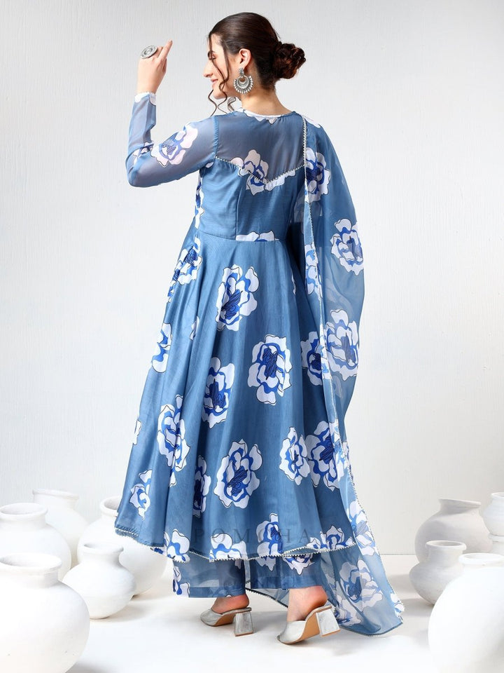 POWDER BLUE CARNATION ORGANZA ANARKALI SET - Pomcha Jaipur