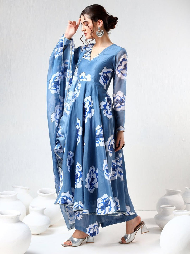 POWDER BLUE CARNATION ORGANZA ANARKALI SET - Pomcha Jaipur