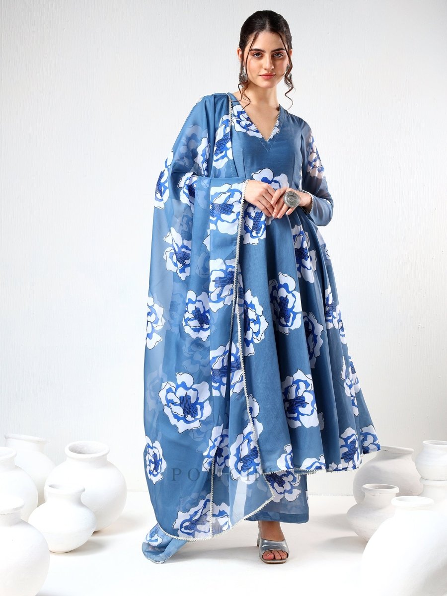 POWDER BLUE CARNATION ORGANZA ANARKALI SET - Pomcha Jaipur