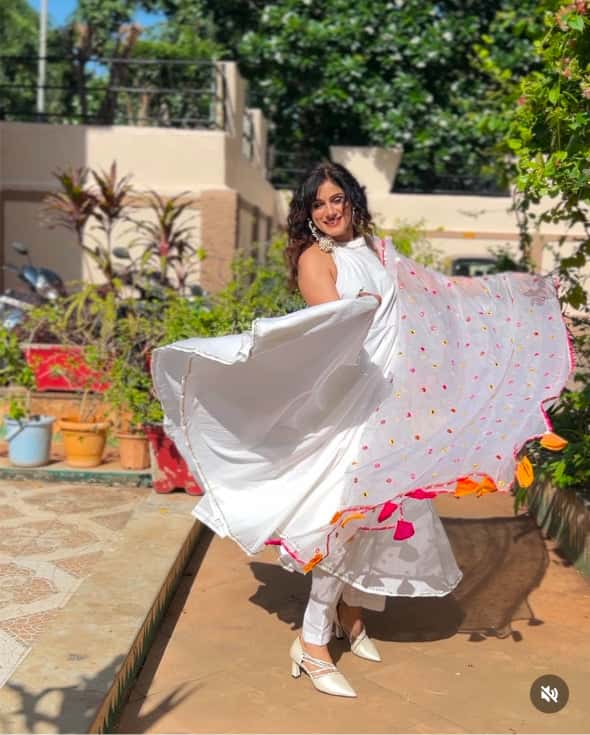 PURE COTTON ANARKALI SET WITH MIRROR WORK ORGANZA DUPATTA - Pomcha Jaipur