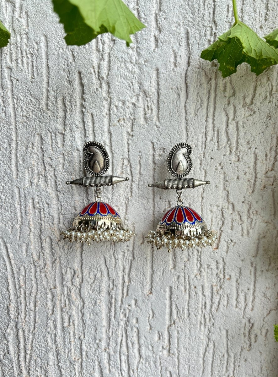 RAATRAANI HAND PAINTED SILVER OXIDISED EARRING SET - Pomcha Jaipur