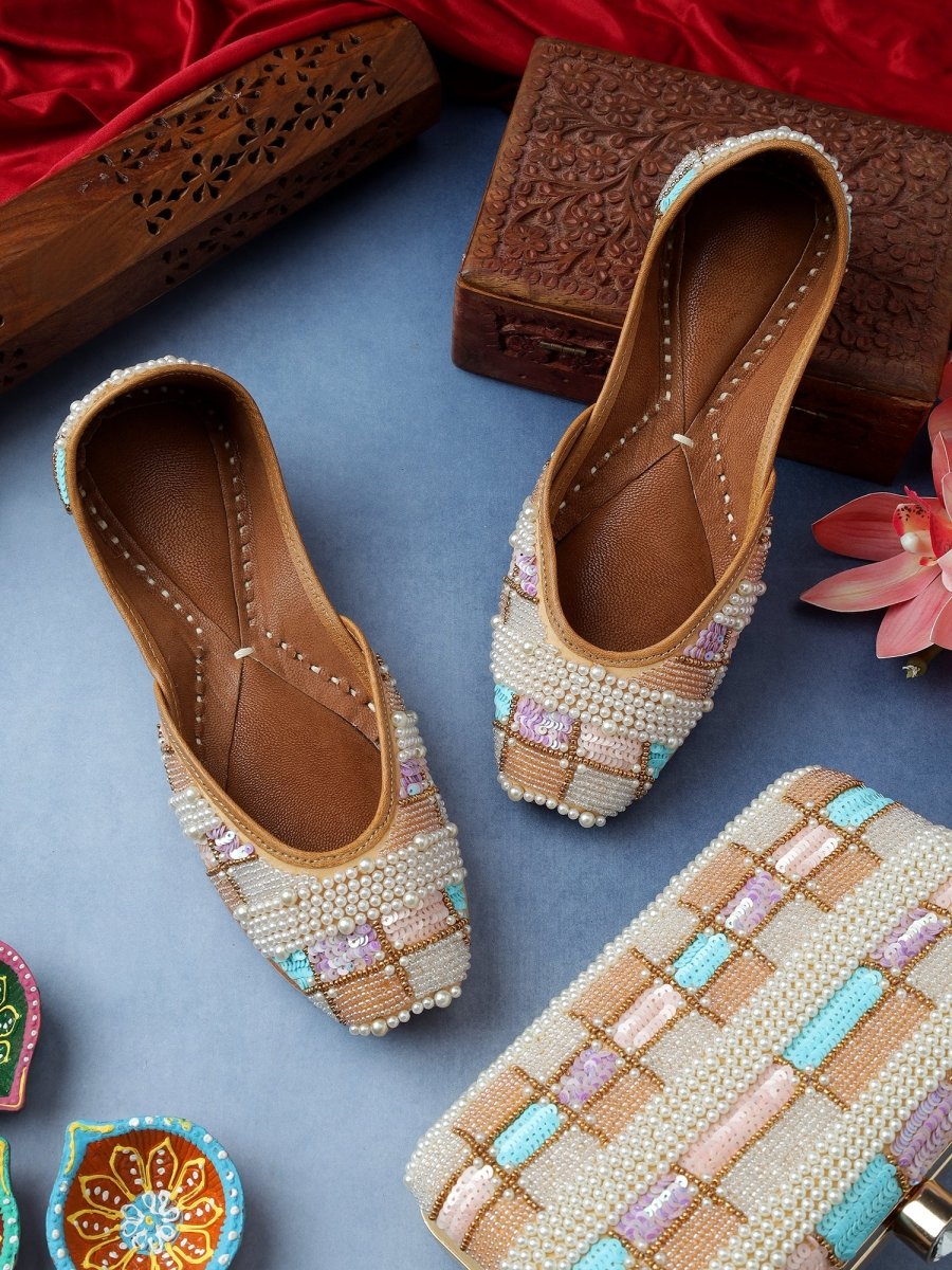 RABIA BEADED CREAM JUTTI CLUTCH COMBO - Pomcha Jaipur