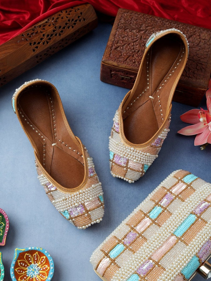 RABIA BEADED CREAM JUTTI CLUTCH COMBO - Pomcha Jaipur