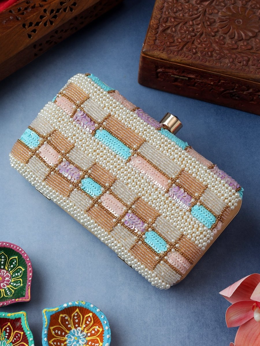 RABIA BEADED CREAM JUTTI CLUTCH COMBO - Pomcha Jaipur