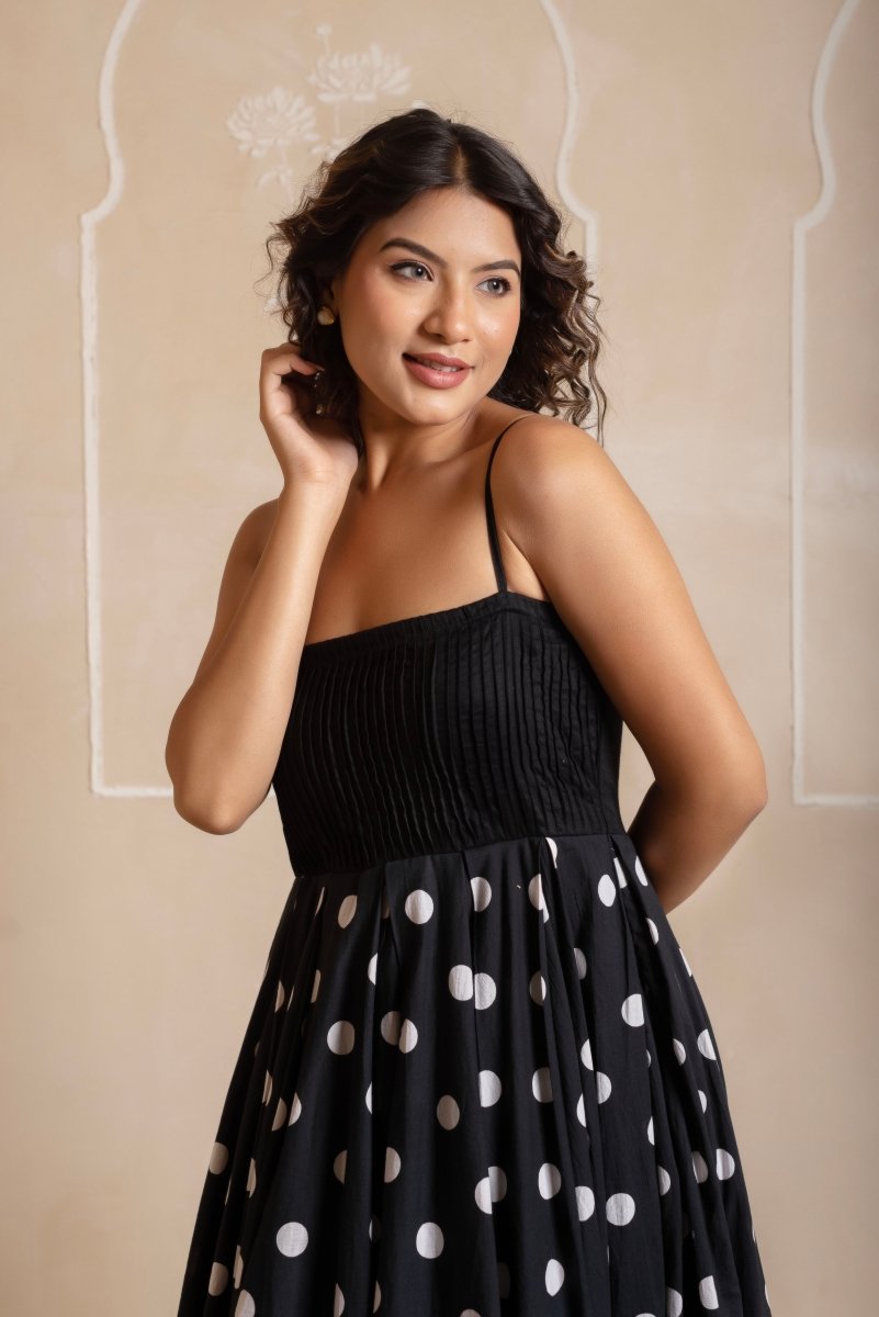 RANG MALHAAR BLACK POLKA DOT COTTON LONG DRESS - Pomcha Jaipur