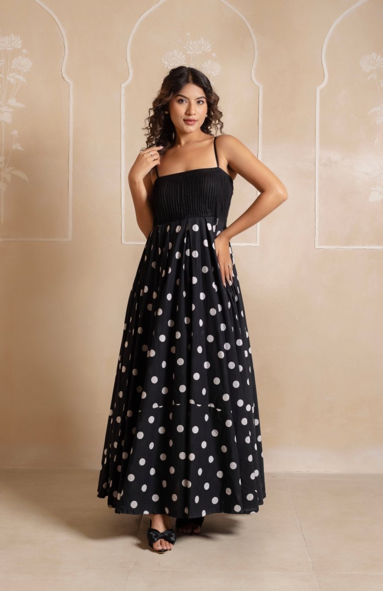 RANG MALHAAR BLACK POLKA DOT COTTON LONG DRESS - Pomcha Jaipur