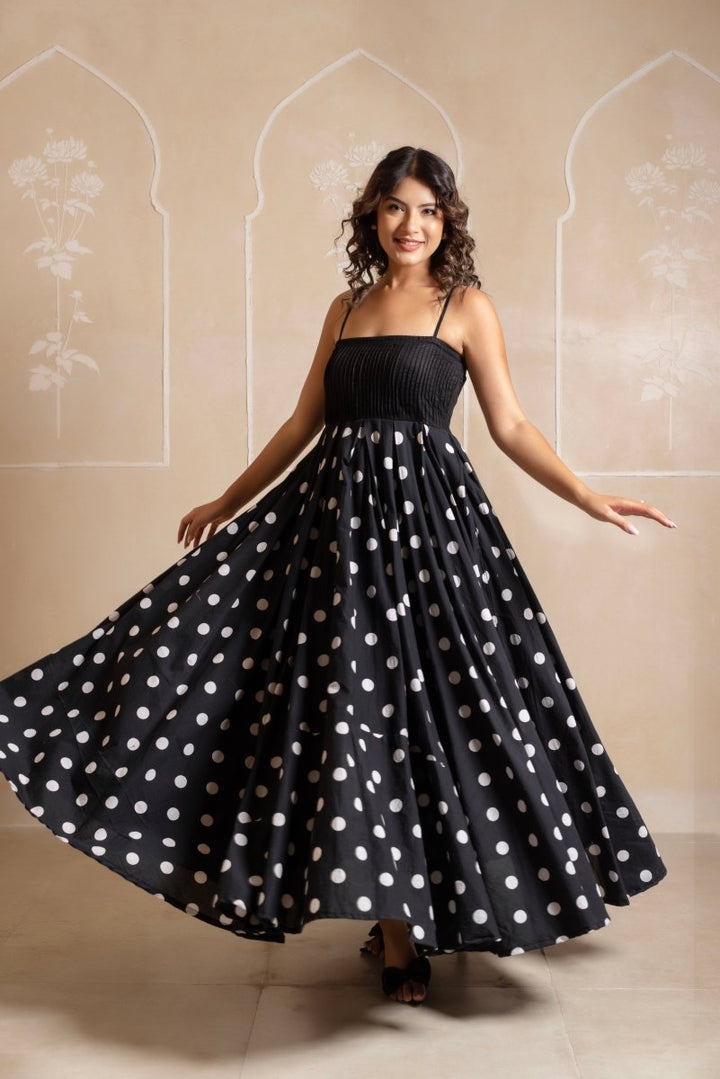 RANG MALHAAR BLACK POLKA DOT COTTON LONG DRESS - Pomcha Jaipur