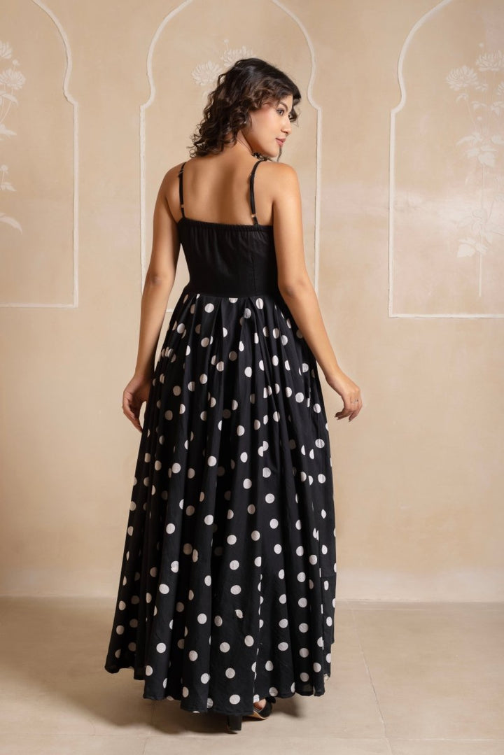 RANG MALHAAR BLACK POLKA DOT COTTON LONG DRESS - Pomcha Jaipur