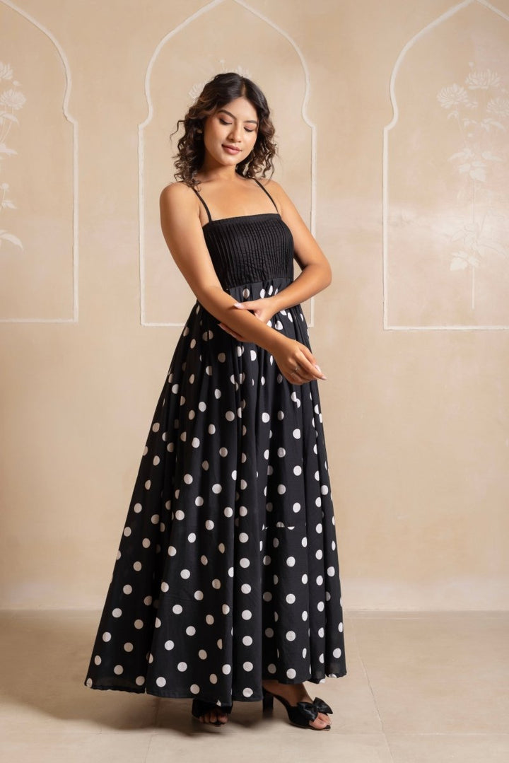 RANG MALHAAR BLACK POLKA DOT COTTON LONG DRESS - Pomcha Jaipur